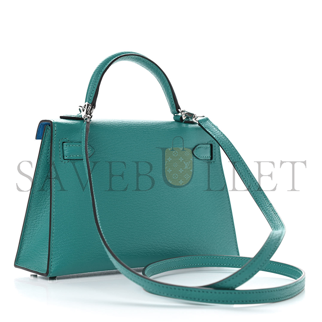 HERMÈS CHEVRE MINI KELLY II SELLIER VERT VERONE BLEU ZANZIBAR (19*12*5.5cm) 